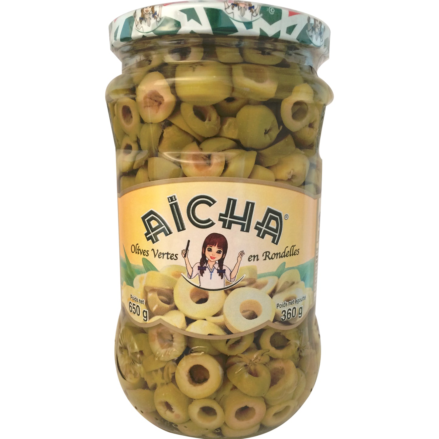 Olives Vertes Rondelles Dénoyautées 650g Aicha - Epicerie Barakka