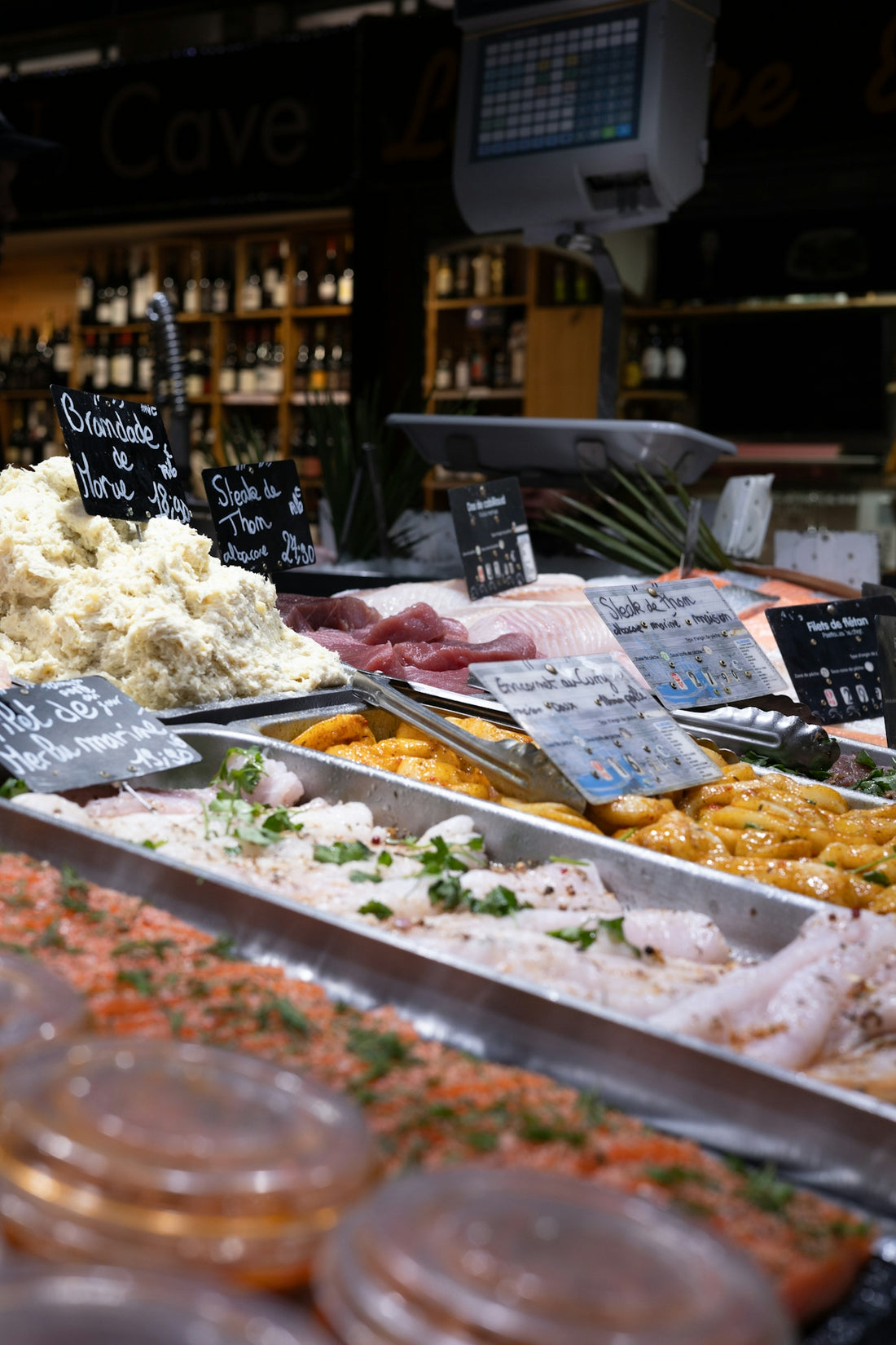 a variety of food is on display in a store