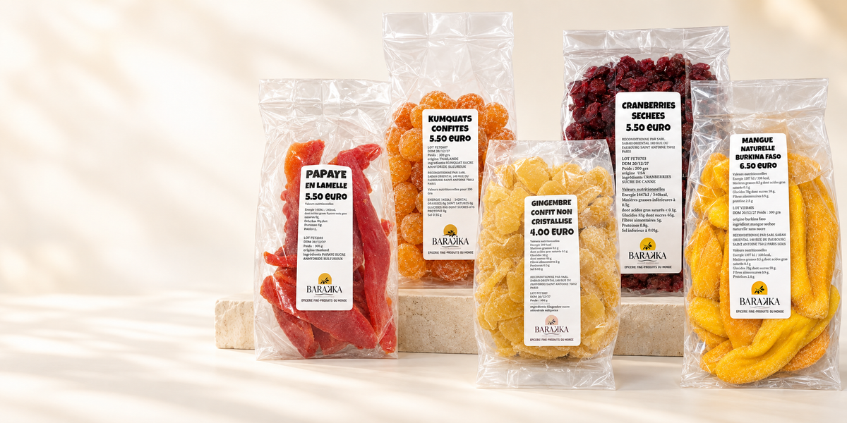 Sélection de fruits secs et déshydratés emballés par l’Épicerie Barakka