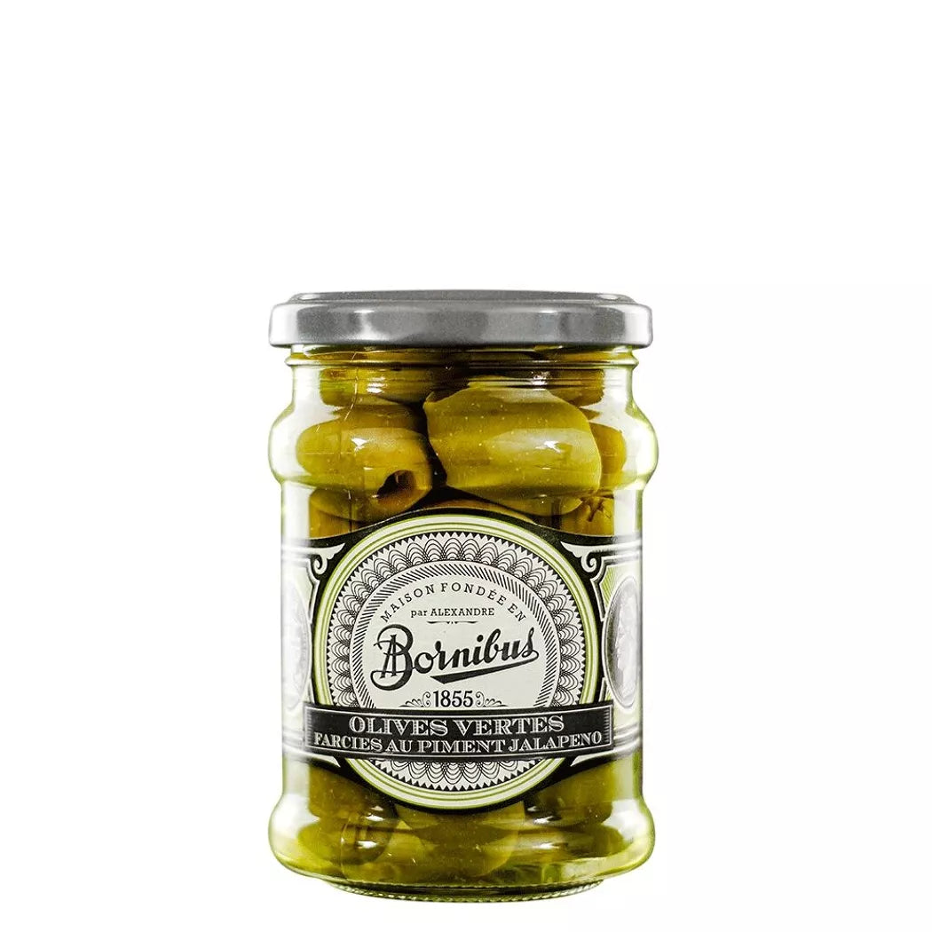 Olives vertes farcies au piment jalapeño Bornibus 270 g - Epicerie Barakka